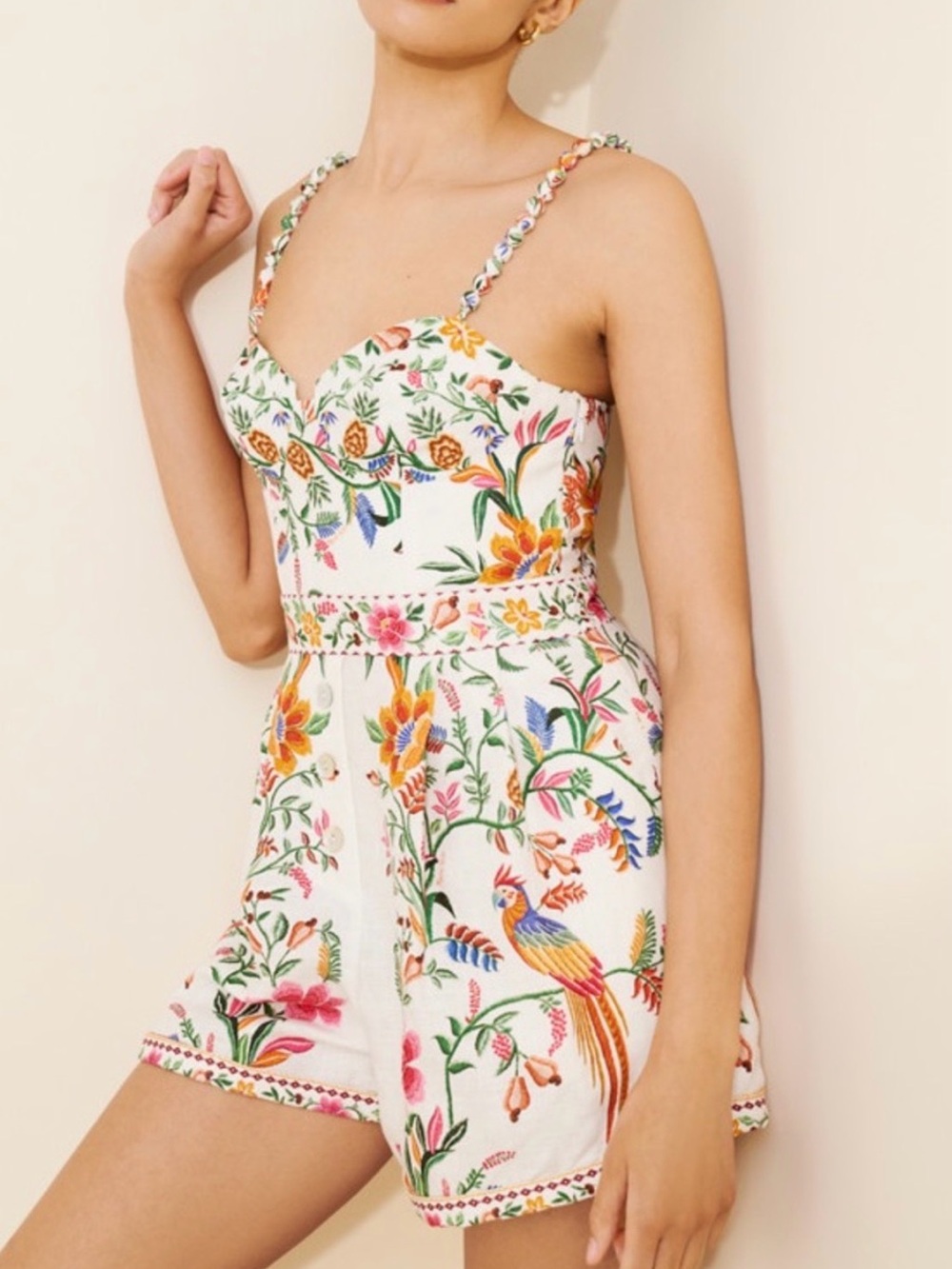 EUC FARM Rio Delicate Forest Macaw Parrot Birds Belted Boho 100% Linen Romper L - Picture 11 of 15